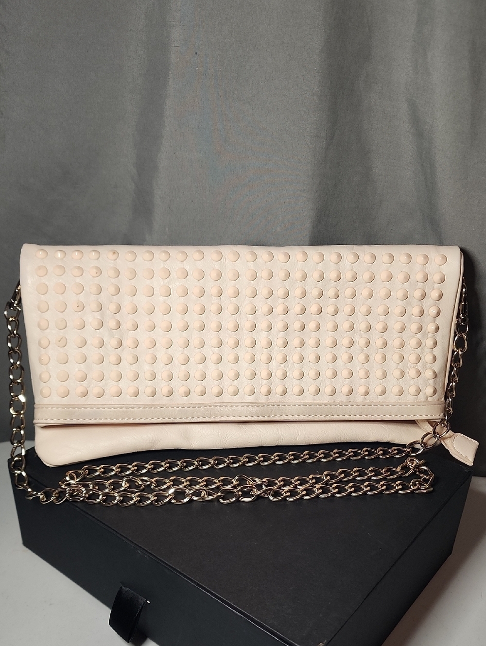 Aldo Lightest Of Pinks 💗 Studded Fold-Over Clutch with Gold Chain Like New